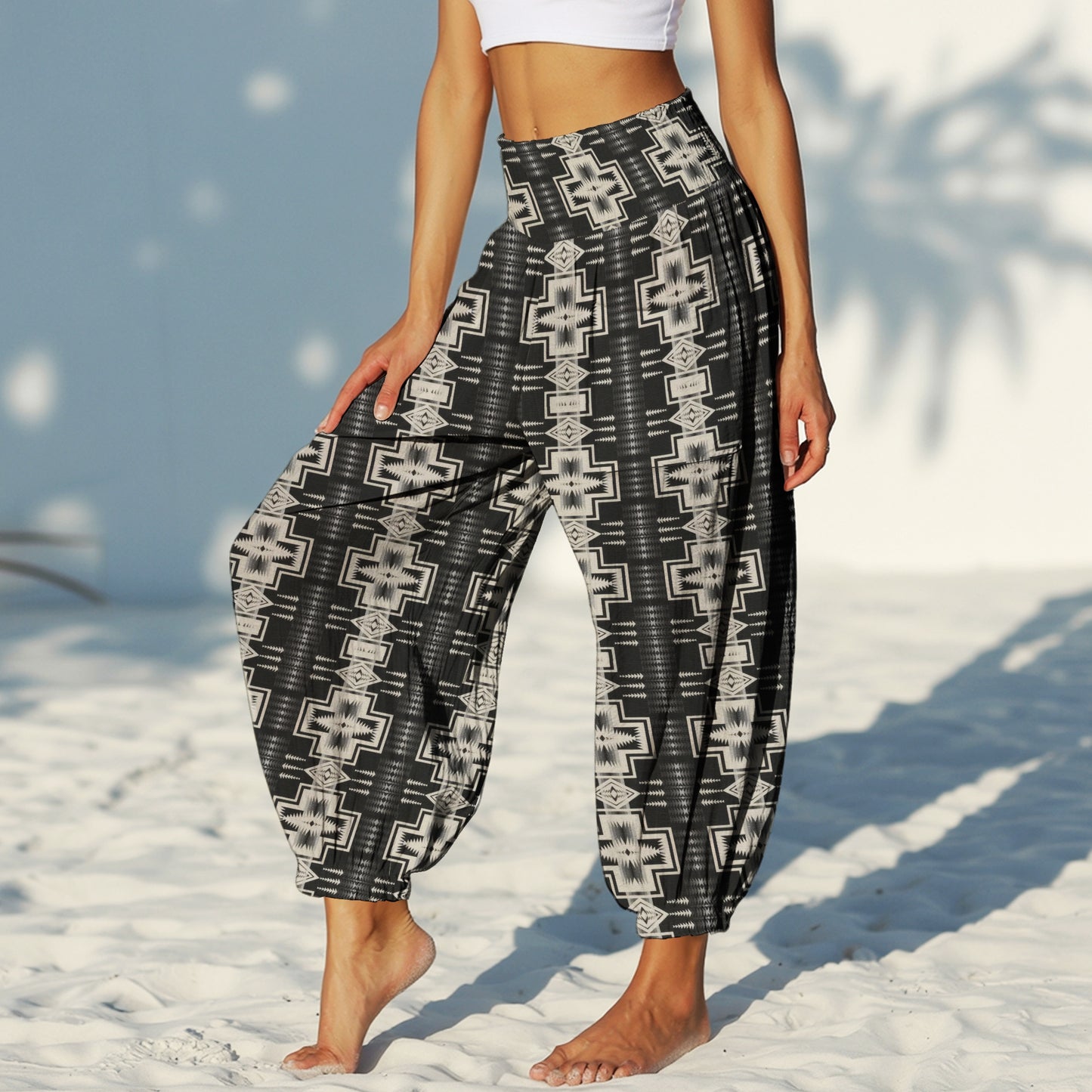 Print Harem Pants – Black & White Yoga Boho Clothes with Pockets