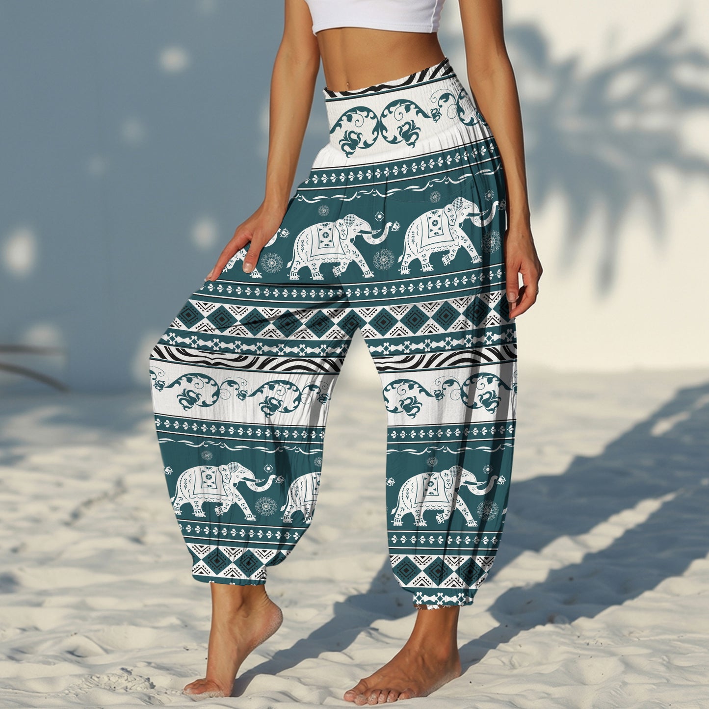 Teal Elephant Harem Pants – Yoga Boho Clothes with Pockets 08