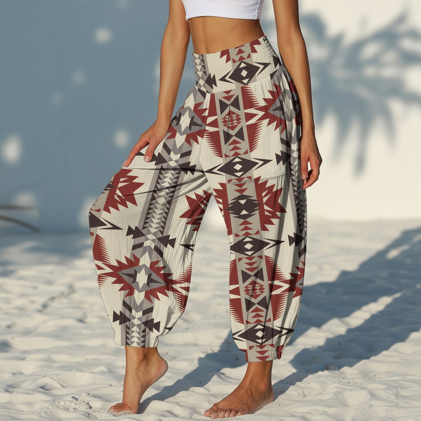 Boho Harem Pants – Red Geometric Tribal Pattern