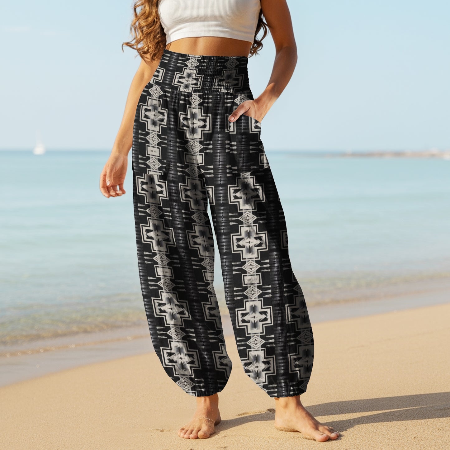 Print Harem Pants – Black & White Yoga Boho Clothes with Pockets