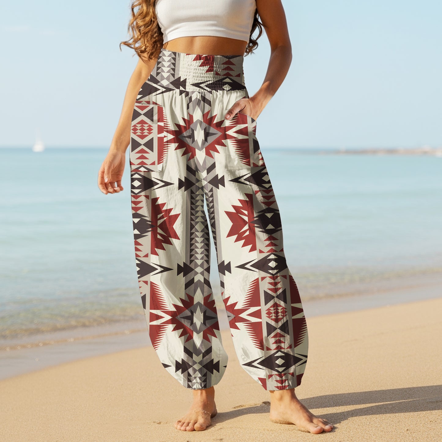 Boho Harem Pants – Red Geometric Tribal Pattern
