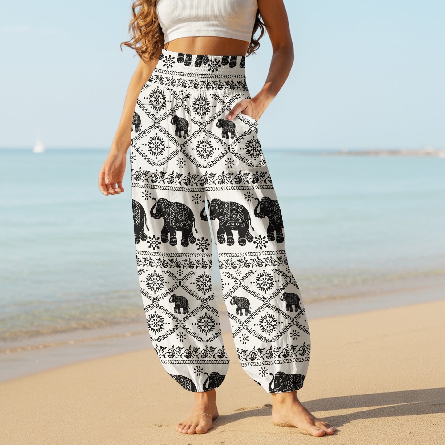 Black Elephant Print Harem Pants – Boho Yoga Pants with Pockets 05