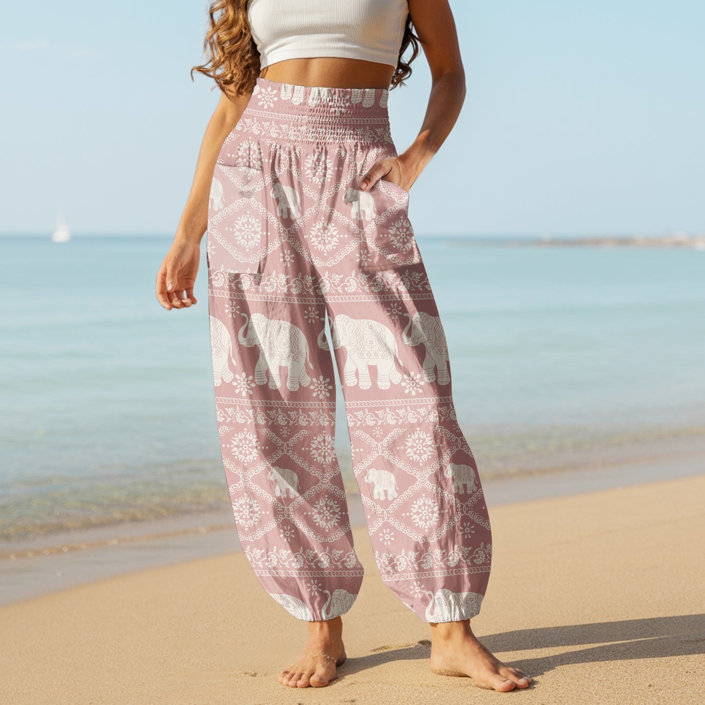 Black Elephant Print Harem Pants – Boho Yoga Pants with Pockets 05