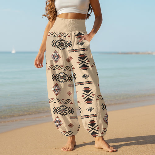Boho Harem Pants – Beige with Tribal Aztec Print