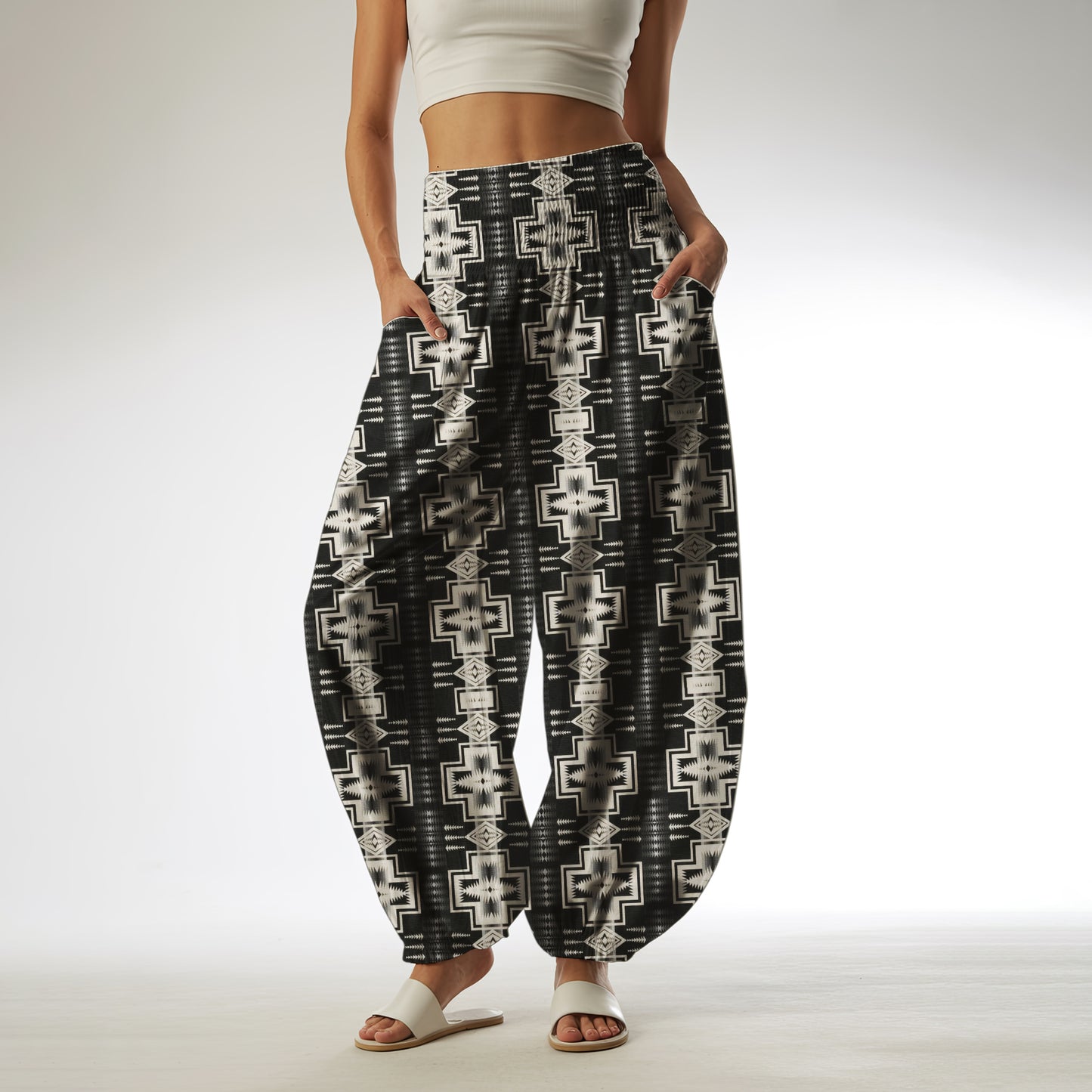 Print Harem Pants – Black & White Yoga Boho Clothes with Pockets