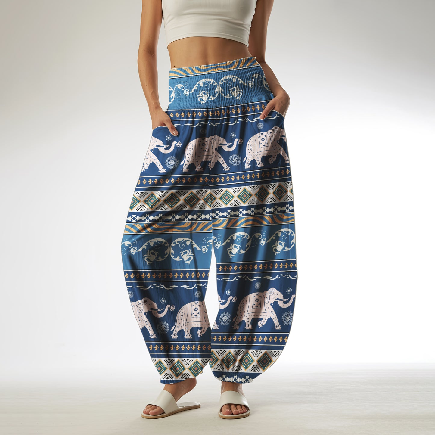 Teal Elephant Harem Pants – Yoga Boho Clothes with Pockets 08