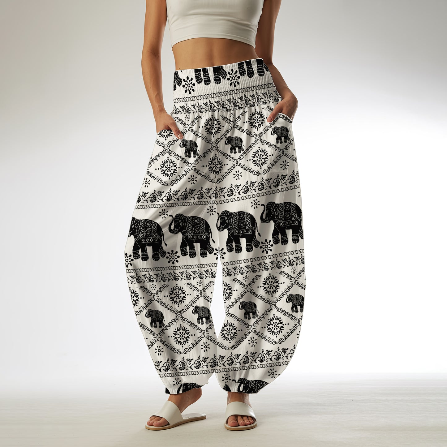 Black Elephant Print Harem Pants – Boho Yoga Pants with Pockets 05