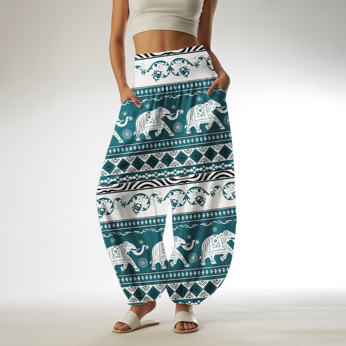 Teal Elephant Harem Pants – Yoga Boho Clothes with Pockets 08