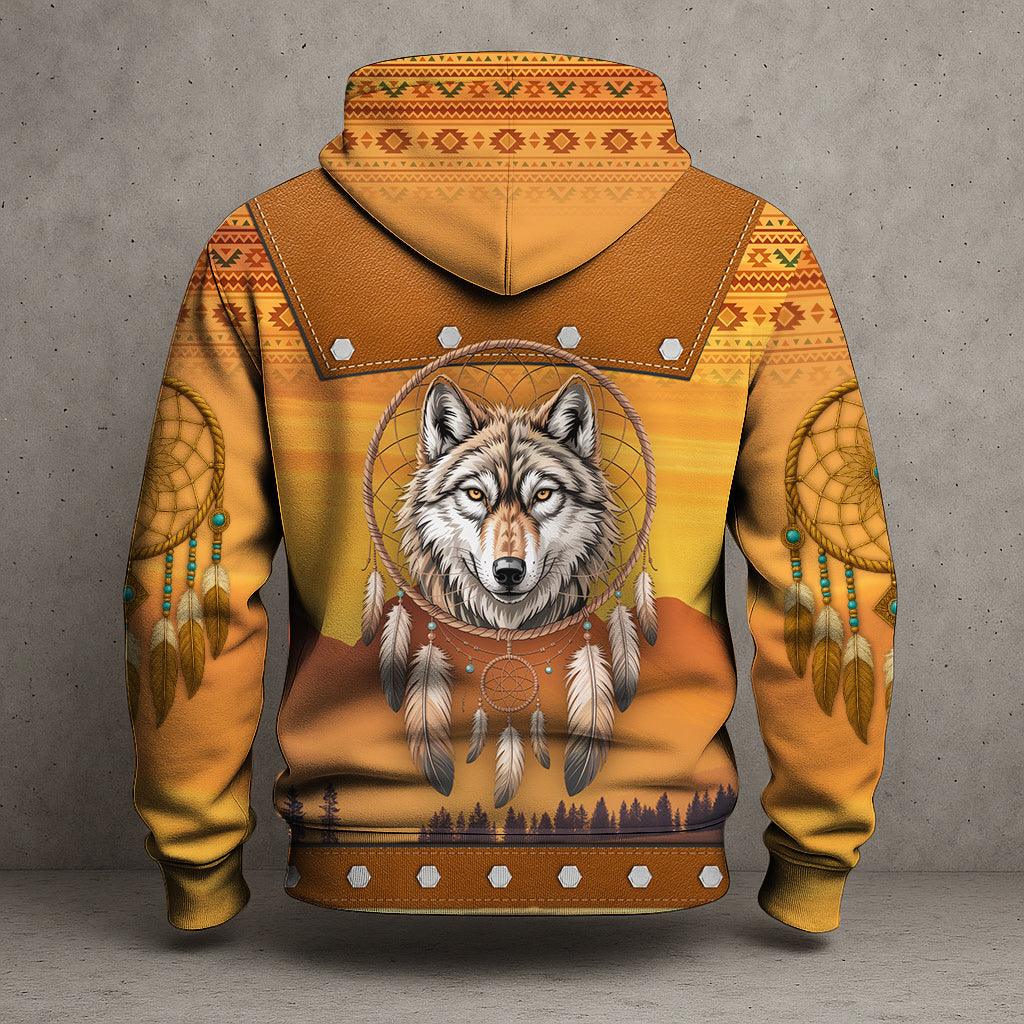Tribal Dreamcatcher – Golden Horizon Hoodie with Sacred Mountain Motif