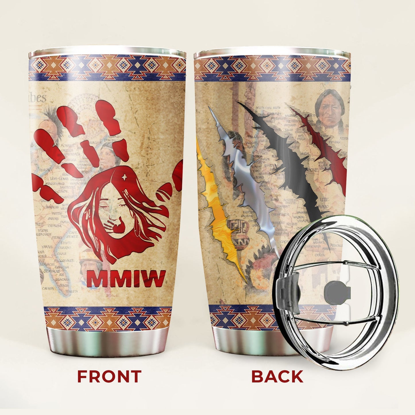MMIW Red Hand and Maps Native American Tumbler Stainless Steel Drinking Cup