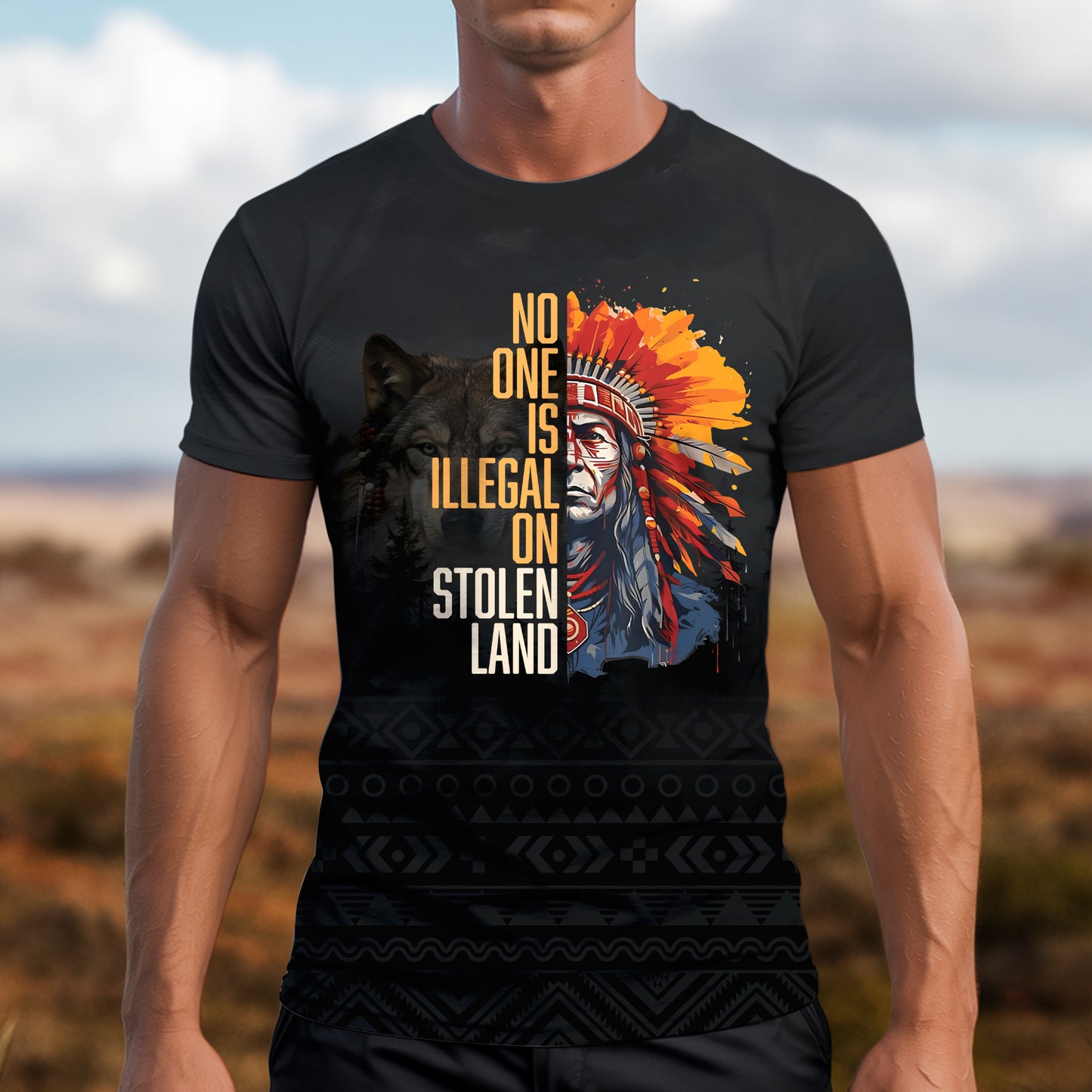 3D T-Shirt "NO ONE IS ILLEGAL ON STOLEN LAND. WE WALK ON NATIVE LAND"