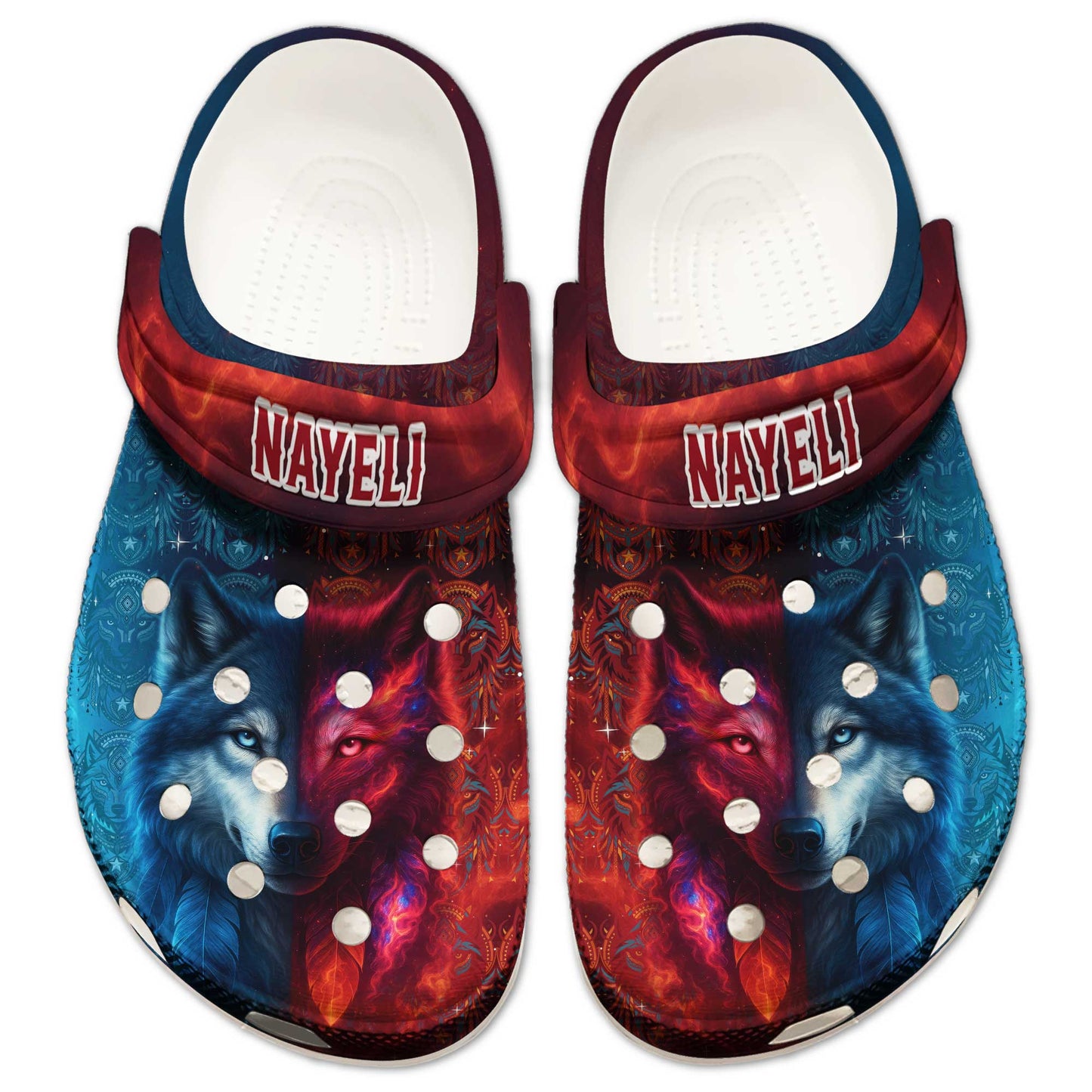 Custom Name Wolf Spirit Clogs – Fire & Ice Contrast | Tribal Design & Gift for Family
