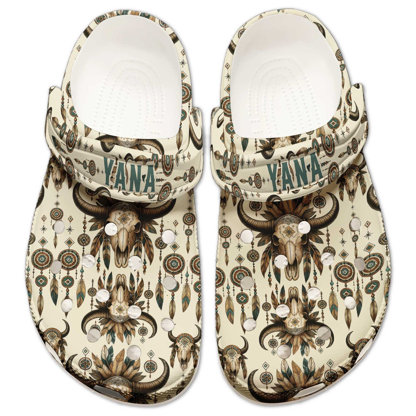 Custom Name Native Spirit Clogs – Dreamcatcher & Buffalo Skull | Gift for Family
