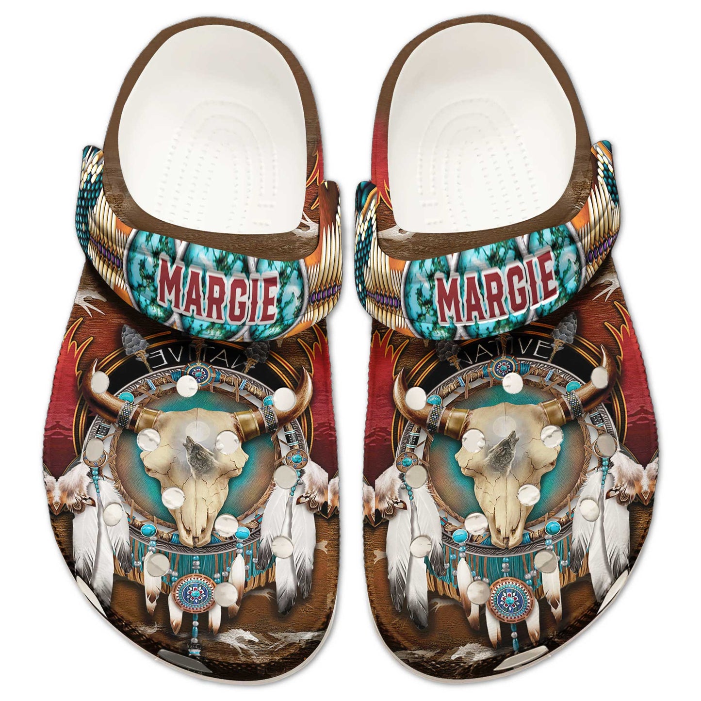 Custom Name Buffalo Skull & Dreamcatcher Clogs – Native Western Spirit Style