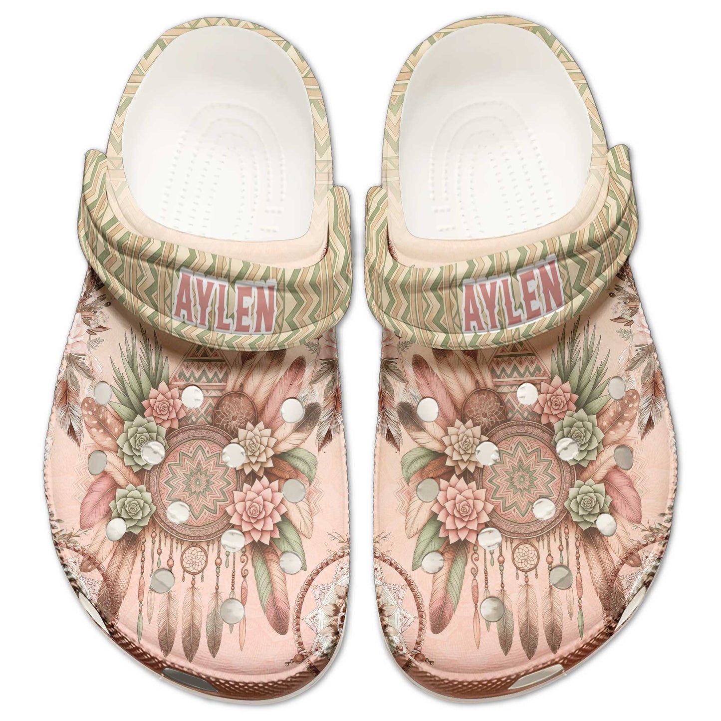 Custom Name Dreamcatcher Floral Clogs – Soft Pastel Native Pattern Shoes Gift