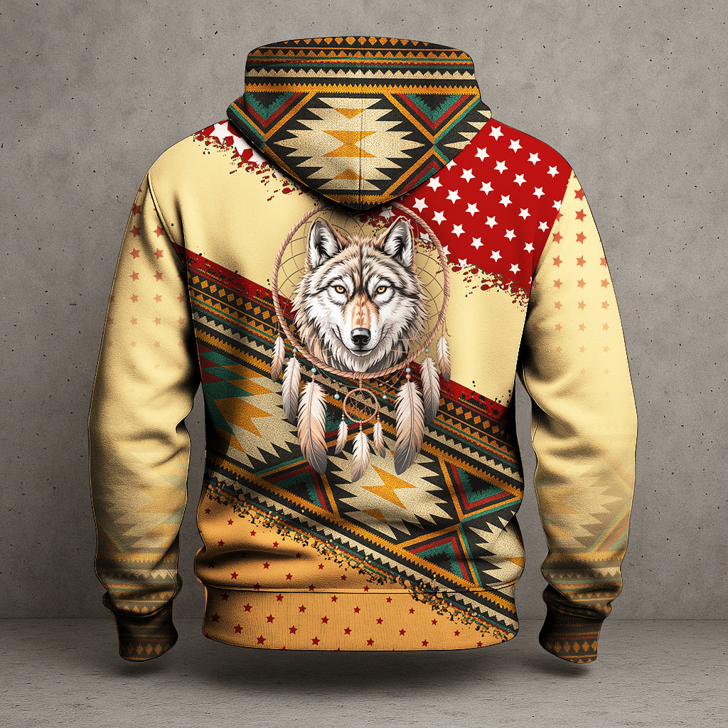 Wild Spirit – Wolf and Dreamcatcher Design in Beige and Deep Red Tribal Pattern