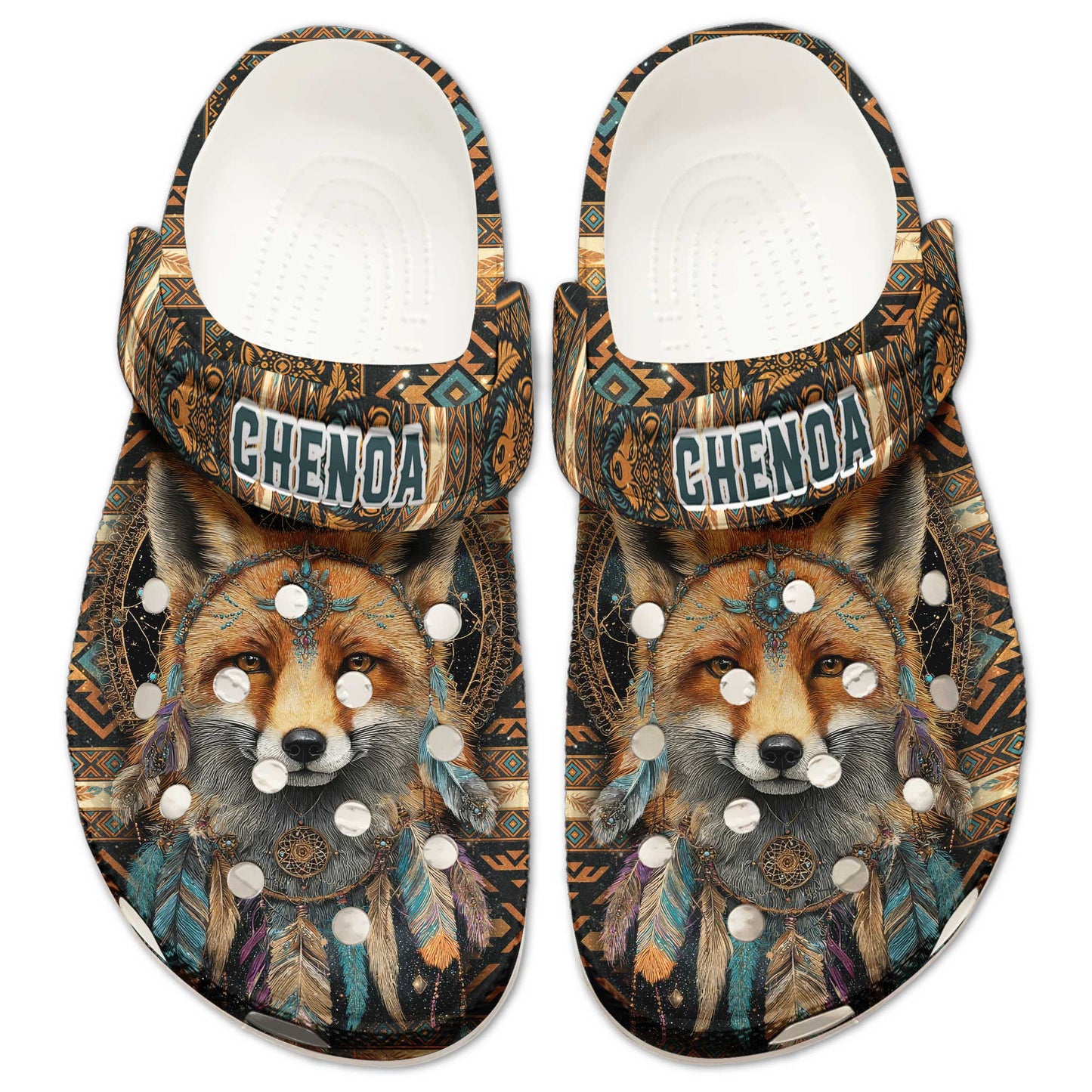 Custom Name Native Fox Spirit Clogs – Tribal Pattern, Feather Design & Family Gift