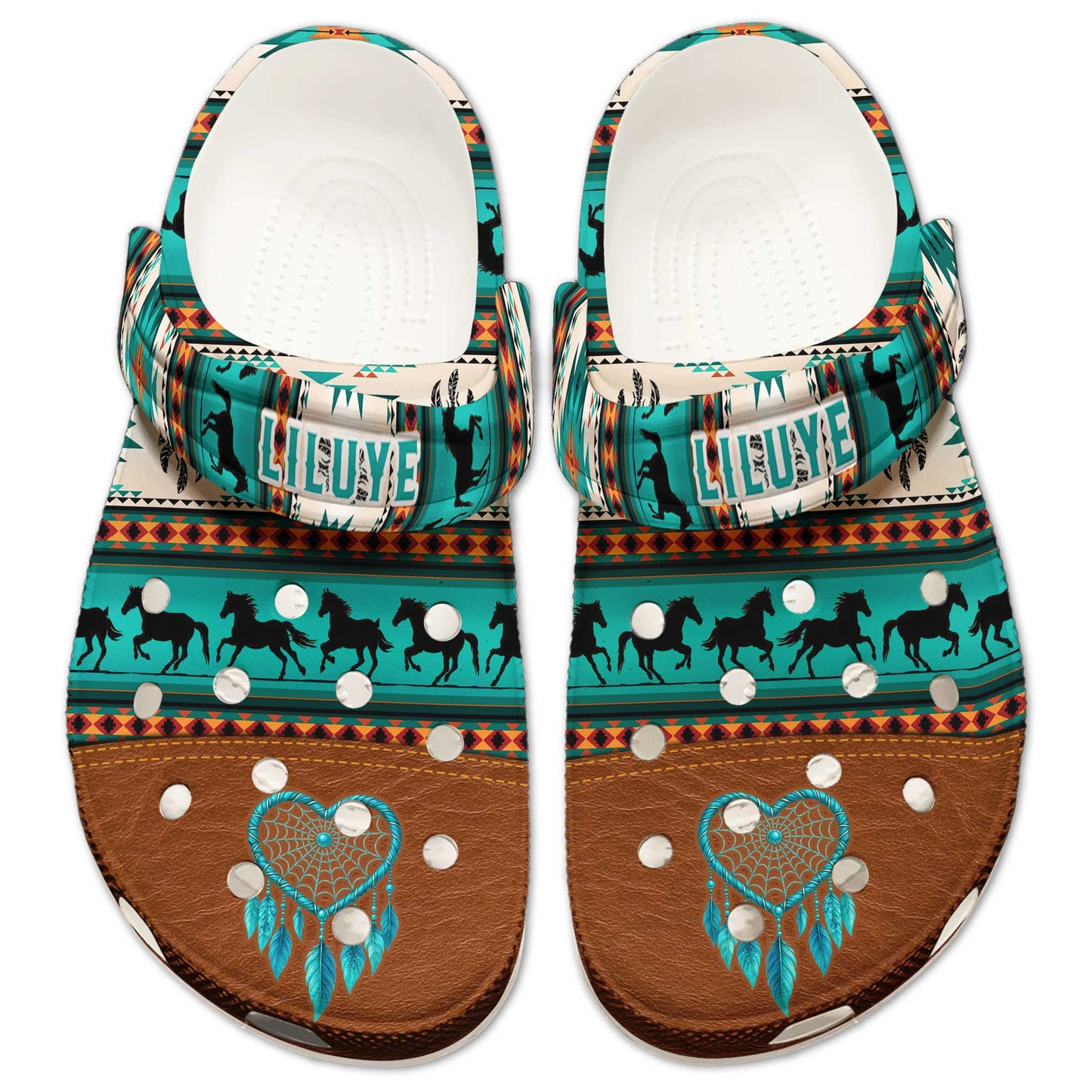 Custom Name Clogs – Tribal Green, Galloping Horses & Dreamcatcher Motif