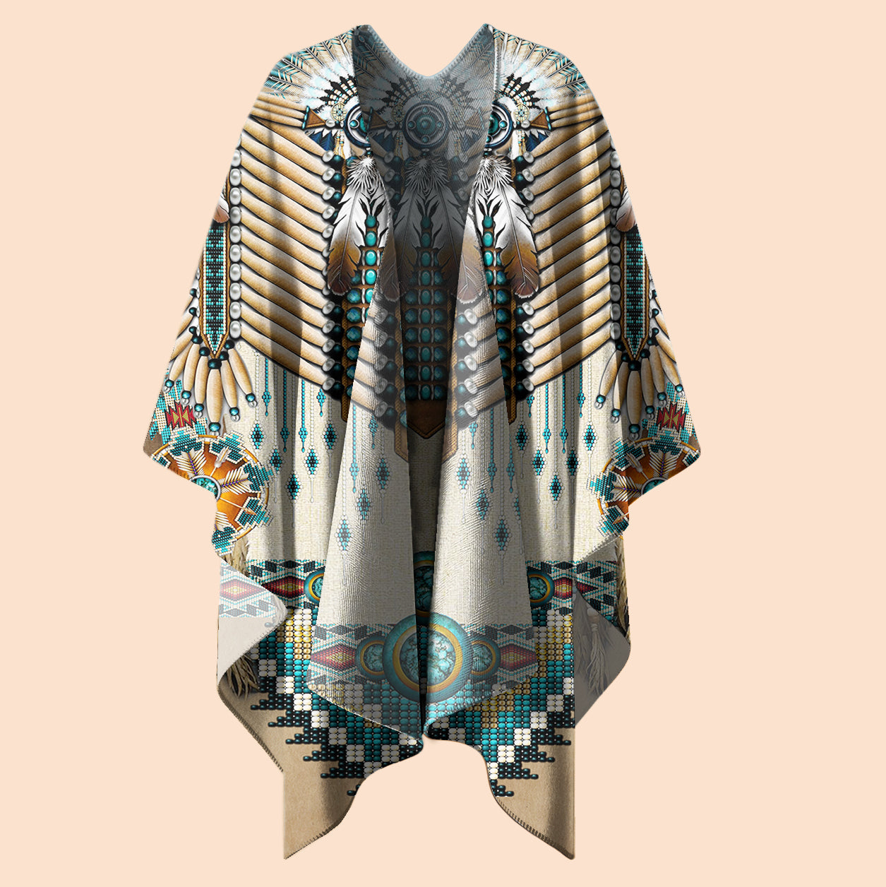 Poncho Native Shield – Ivory & Teal with Beaded Warrior Design