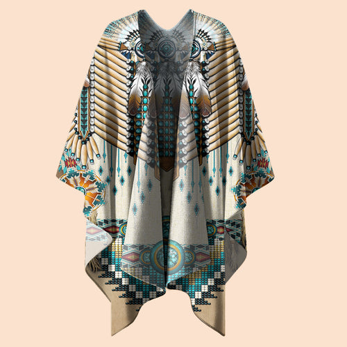 Poncho Native Shield – Ivory & Teal with Beaded Warrior Design