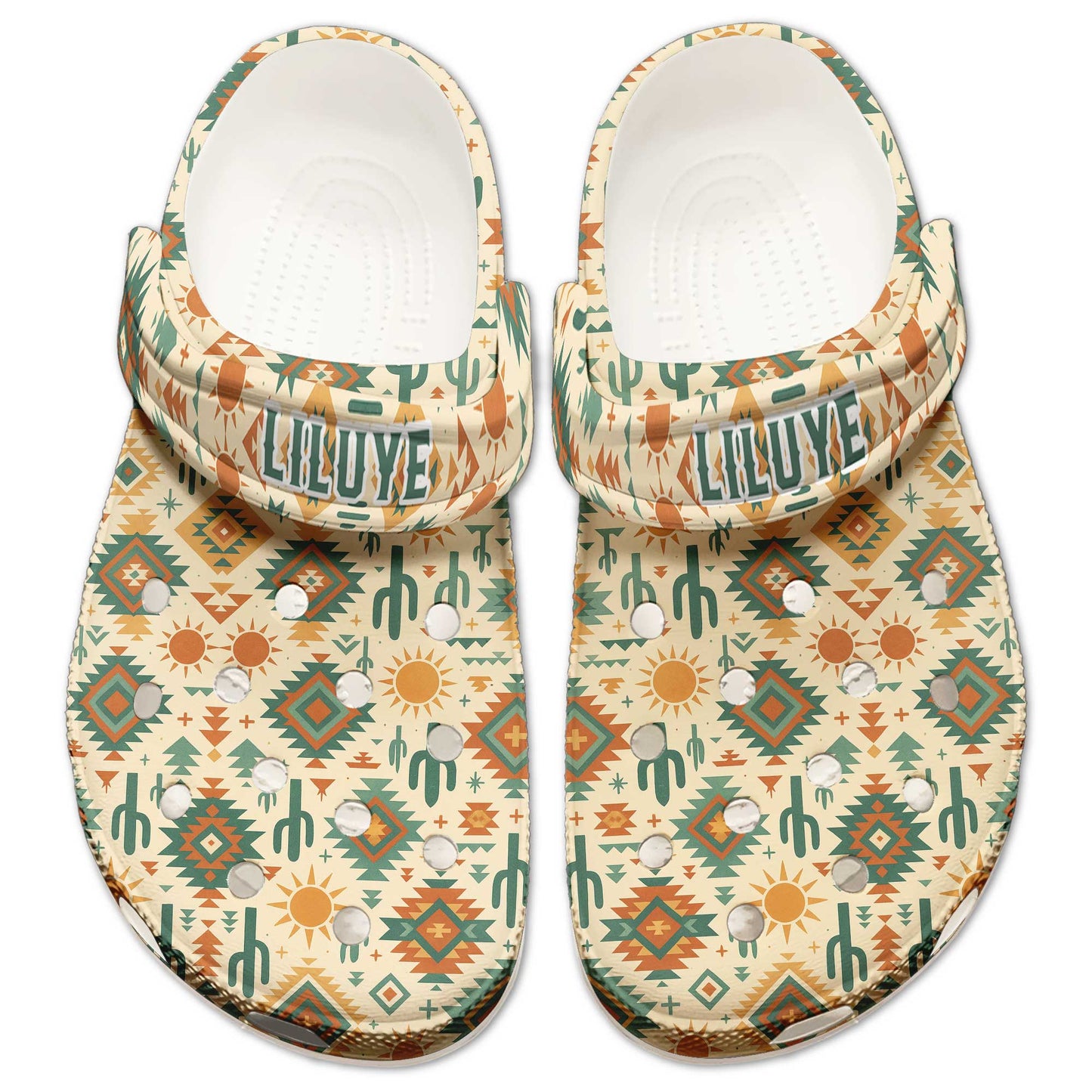 Custom Name Desert Cactus Spirit Clogs – Tribal Geometry & Boho Sun Design