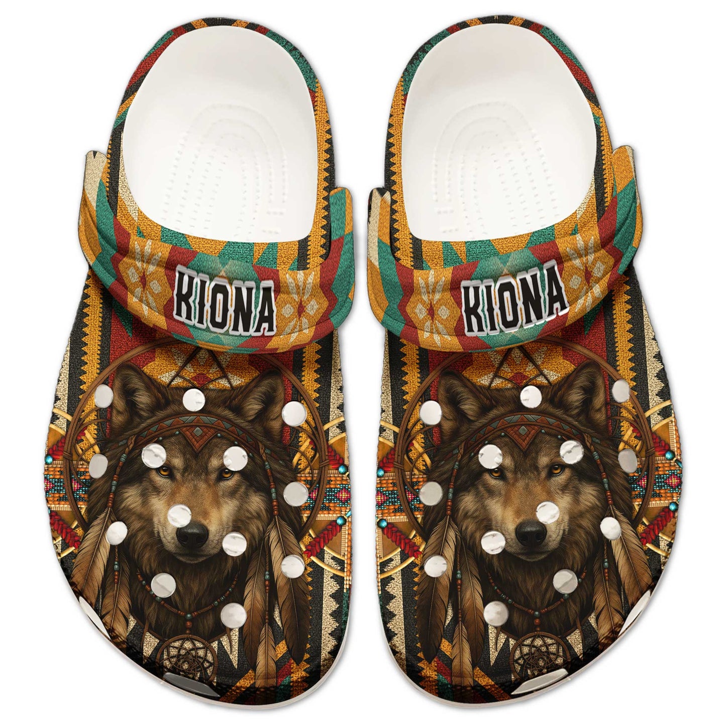 Custom Wolf Dreamcatcher Clogs - Boho Tribal Clogs for Animal Lovers