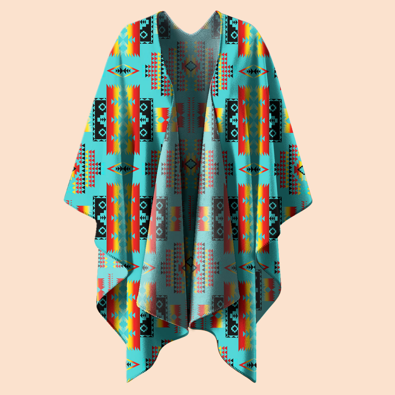 Cozy Tribal Poncho – Bold Geometric Blanket Design in Turquoise & Flame Hues