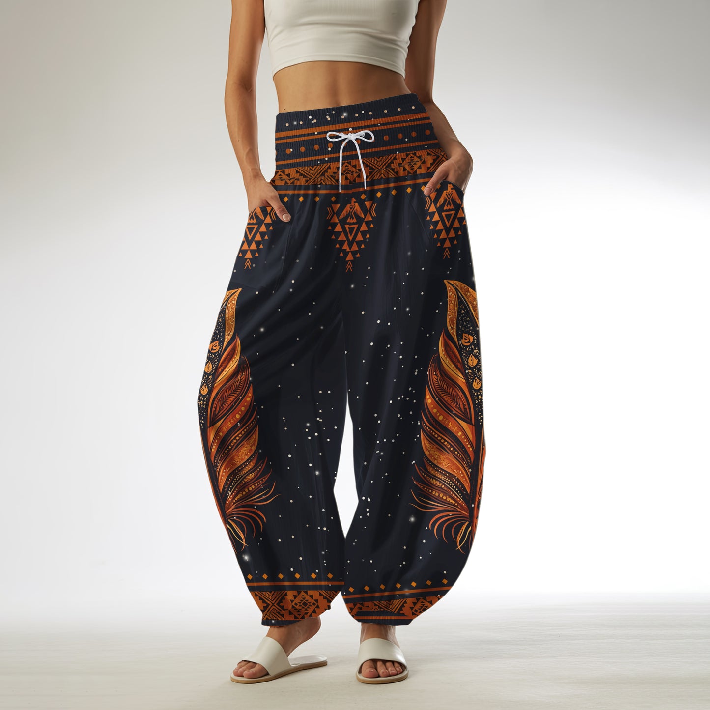 Feather Print Harem Pants - Yoga Boho Clothes with Pockets