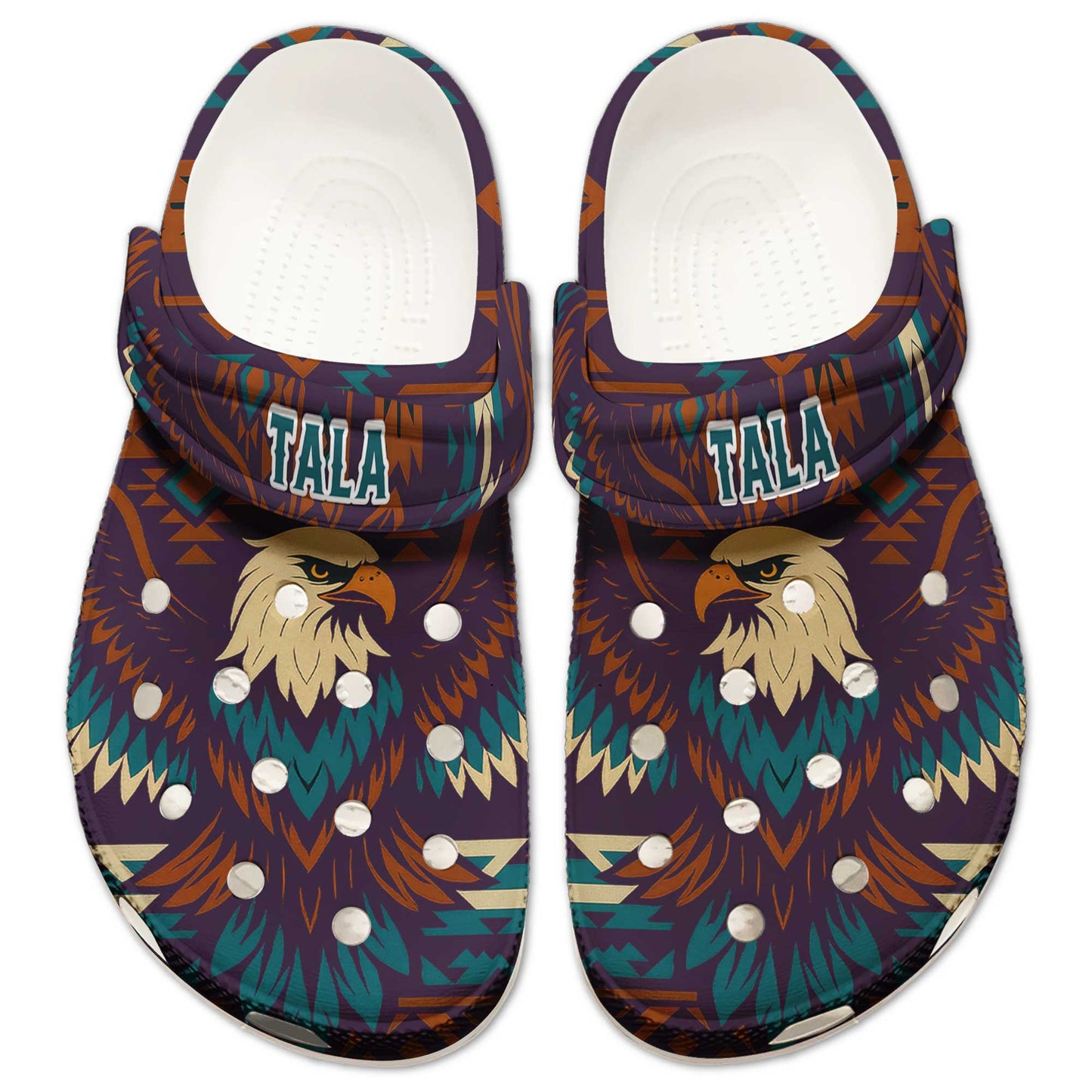 Custom Name Bald Eagle Crocs – Native Inspired Aztec Pattern Clogs for Men & Women