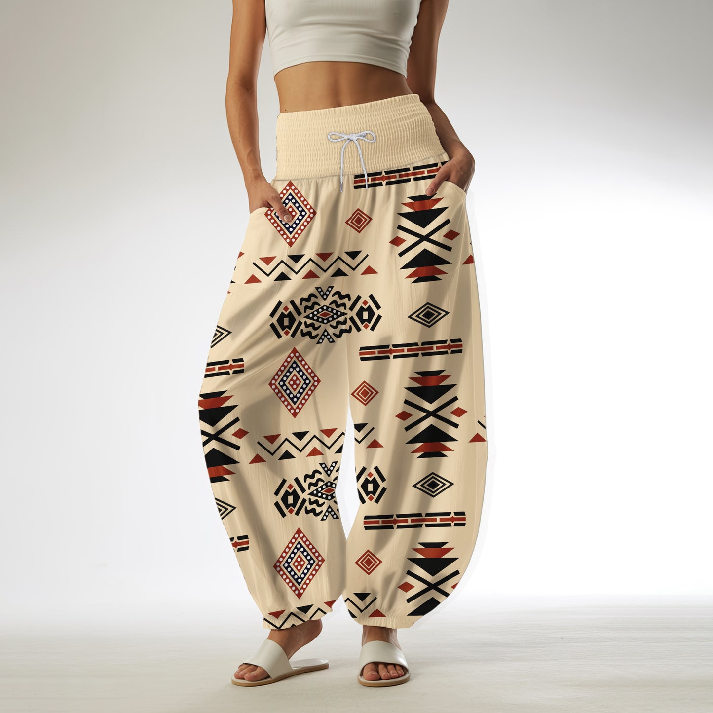 Boho Harem Pants – Beige with Tribal Aztec Print