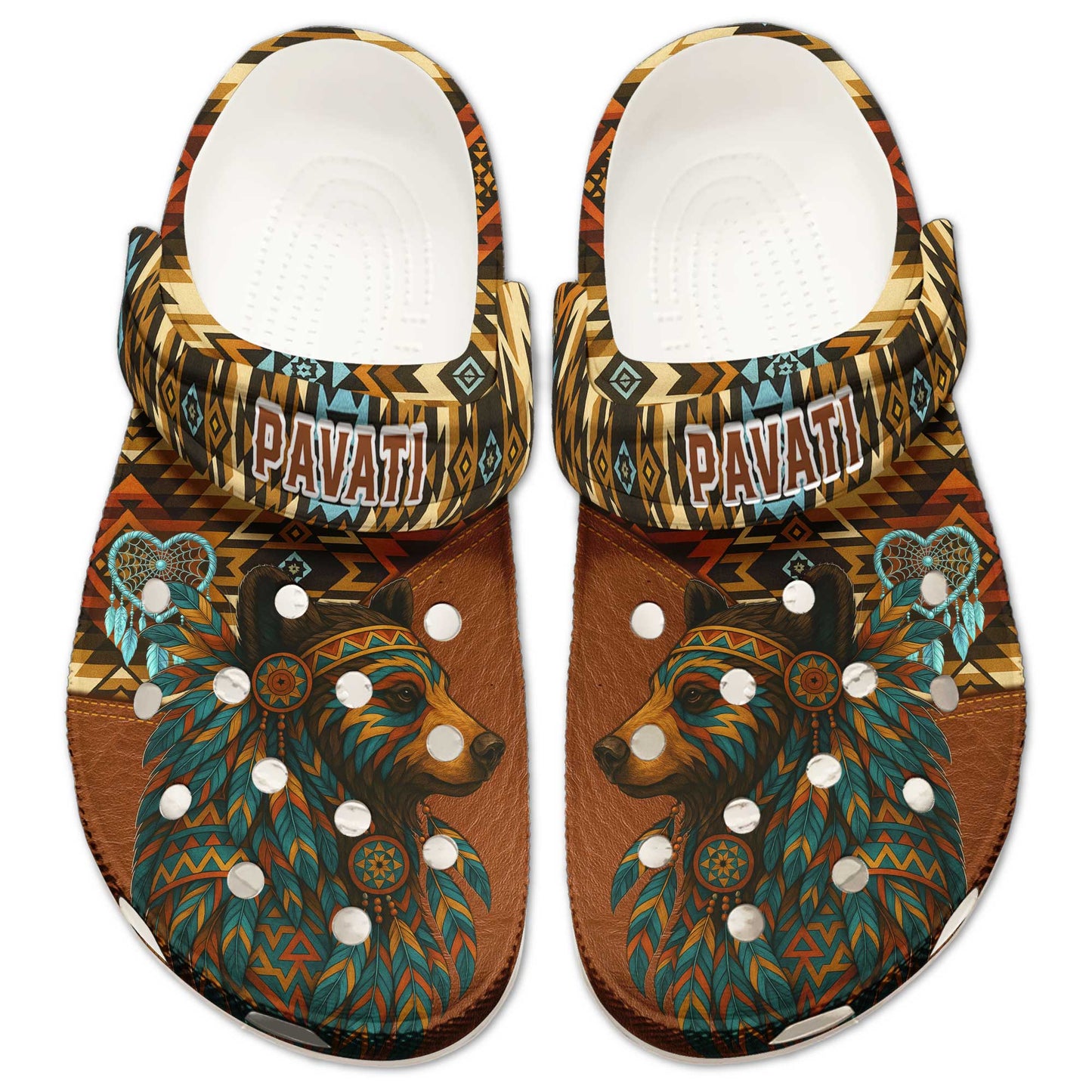 Custom Name Native American Bear Clogs – Tribal Style Clog Shoes for Nature Lovers