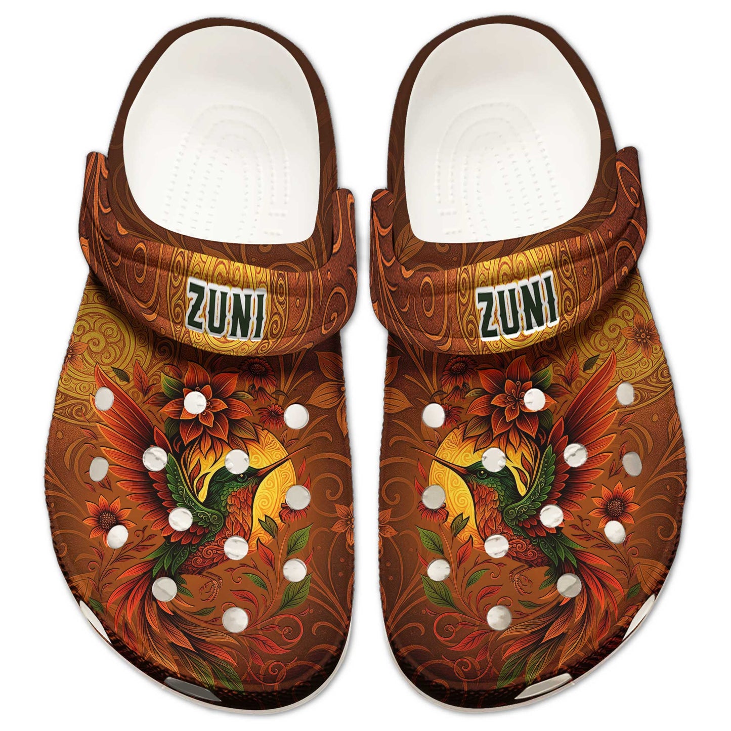 Custom Name Clogs – Vibrant Bird, Sunflower Bloom & Autumn Swirl Details in Warm Tones