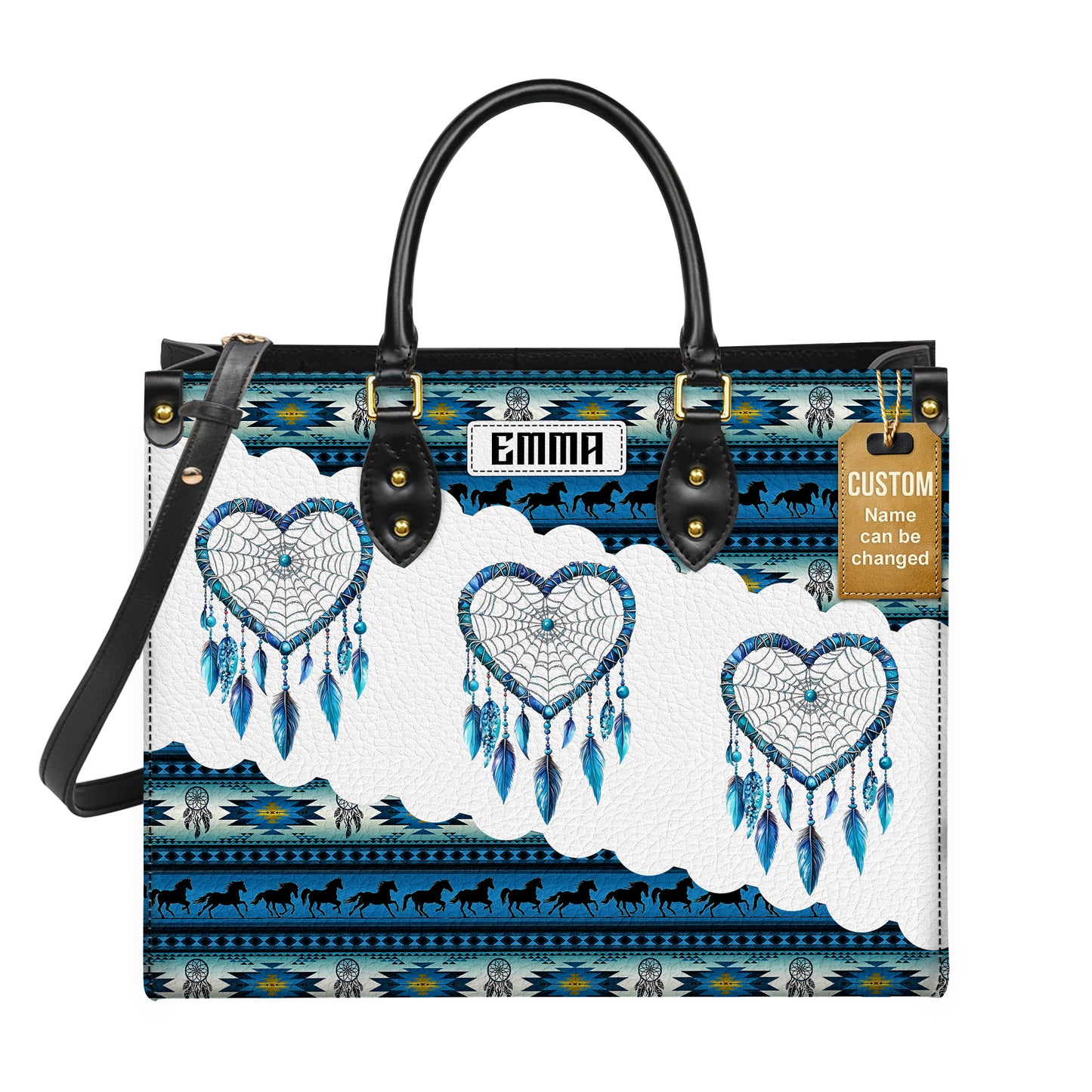 Personalized Leather Handbag for Women - Design Patterns Boho Blue & White Dreamcatcher