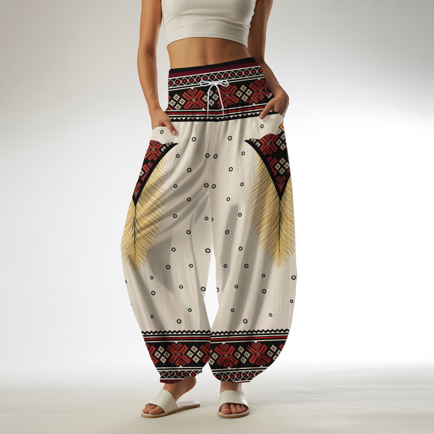 Boho Harem Pants – Red Tribal & Feather Print