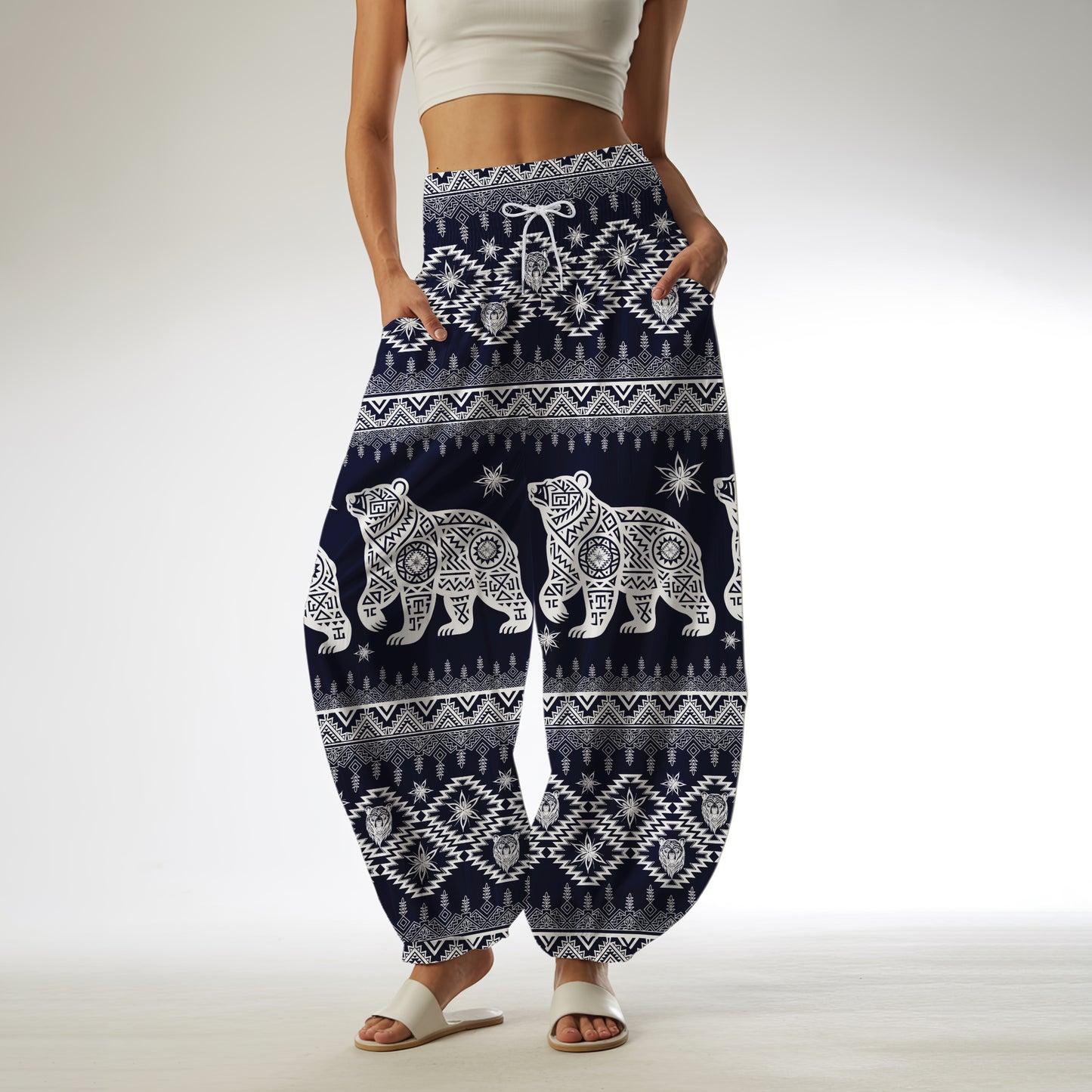 Tribal Bear Print Harem Pants - Yoga Boho Clothes with Pockets