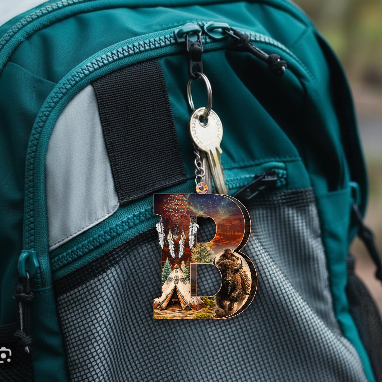 Letter B Native American Keychain β Dreamcatcher & Buffalo Spirit