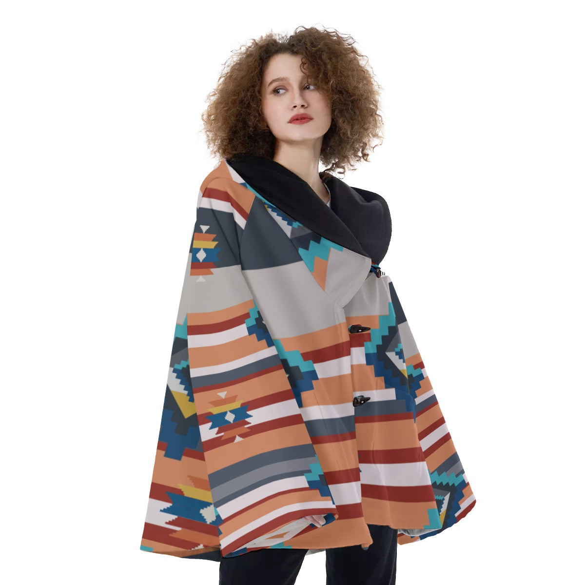 Fashion Women Pattern Button Coat Print Hooded Jacket Outerwear 05