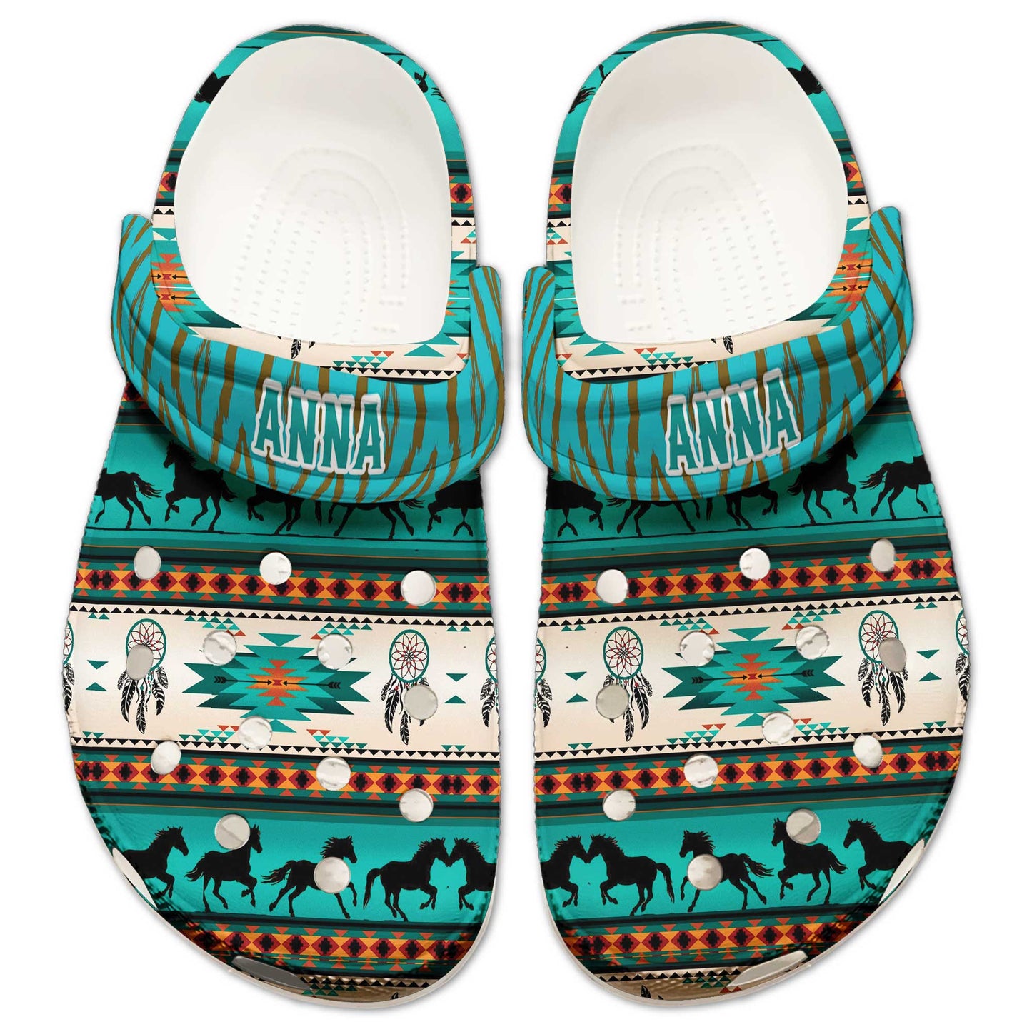 Custom Name Native Horse Pattern Clogs – Dreamcatcher & Tribal Design, Family Gift