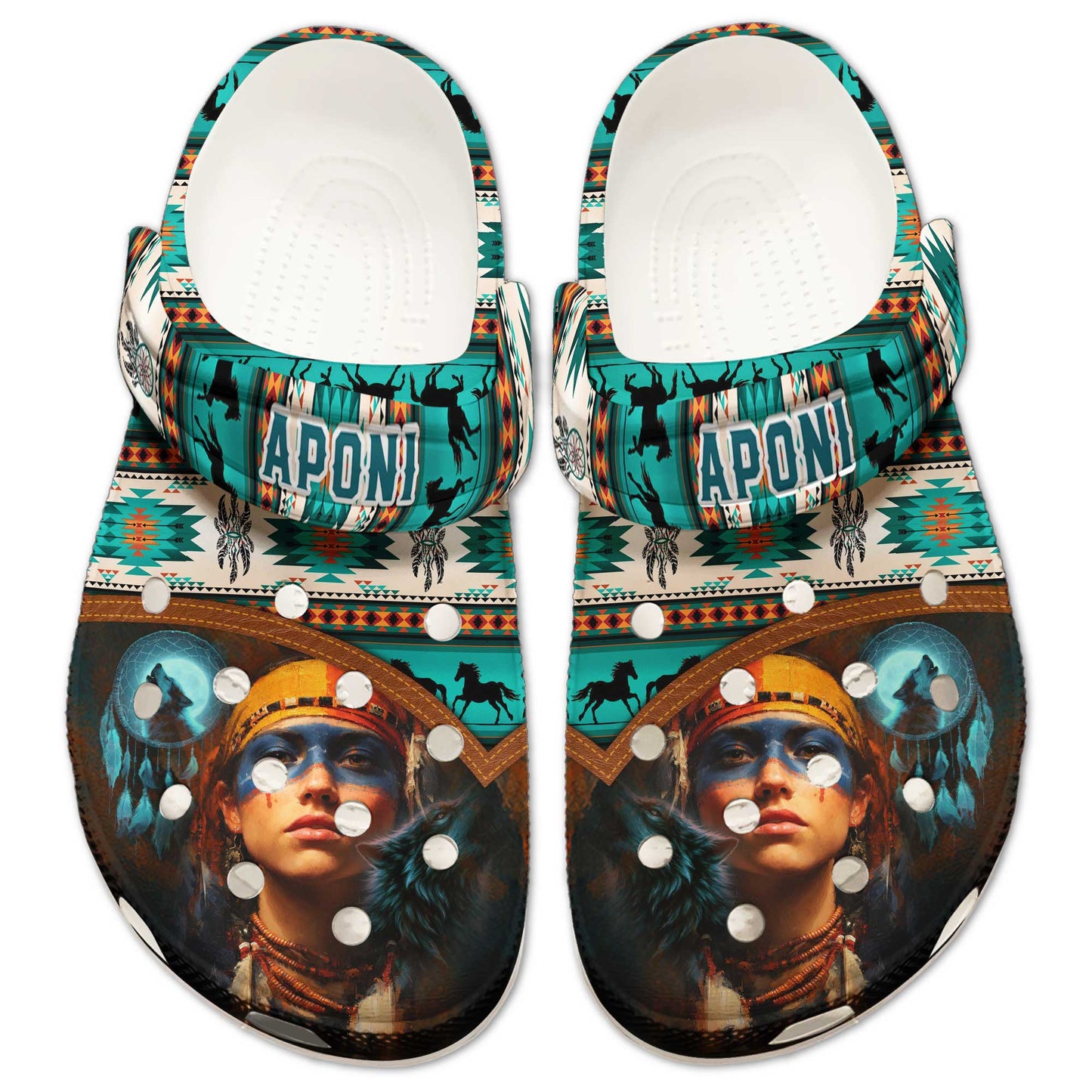 Custom Name Boho Clogs – Beautiful Native Girl, Wolf Symbol & Meaningful Gift for Family