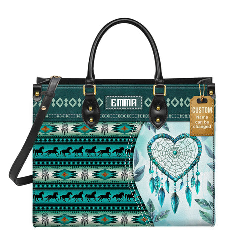 Personalized Leather Handbag for Women - Design Patterns Boho Dreamcatcher Spirit - Teal