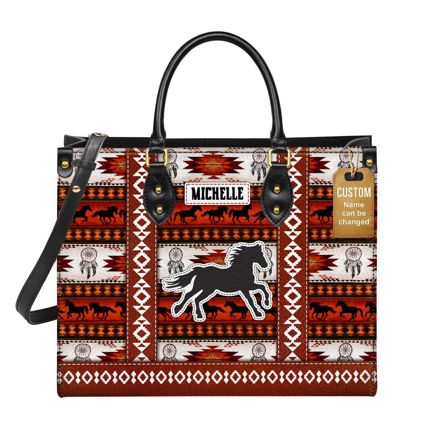 Personalized Leather Handbag for Women - Design Patterns Boho Rustic Orange & White Spirit Horse