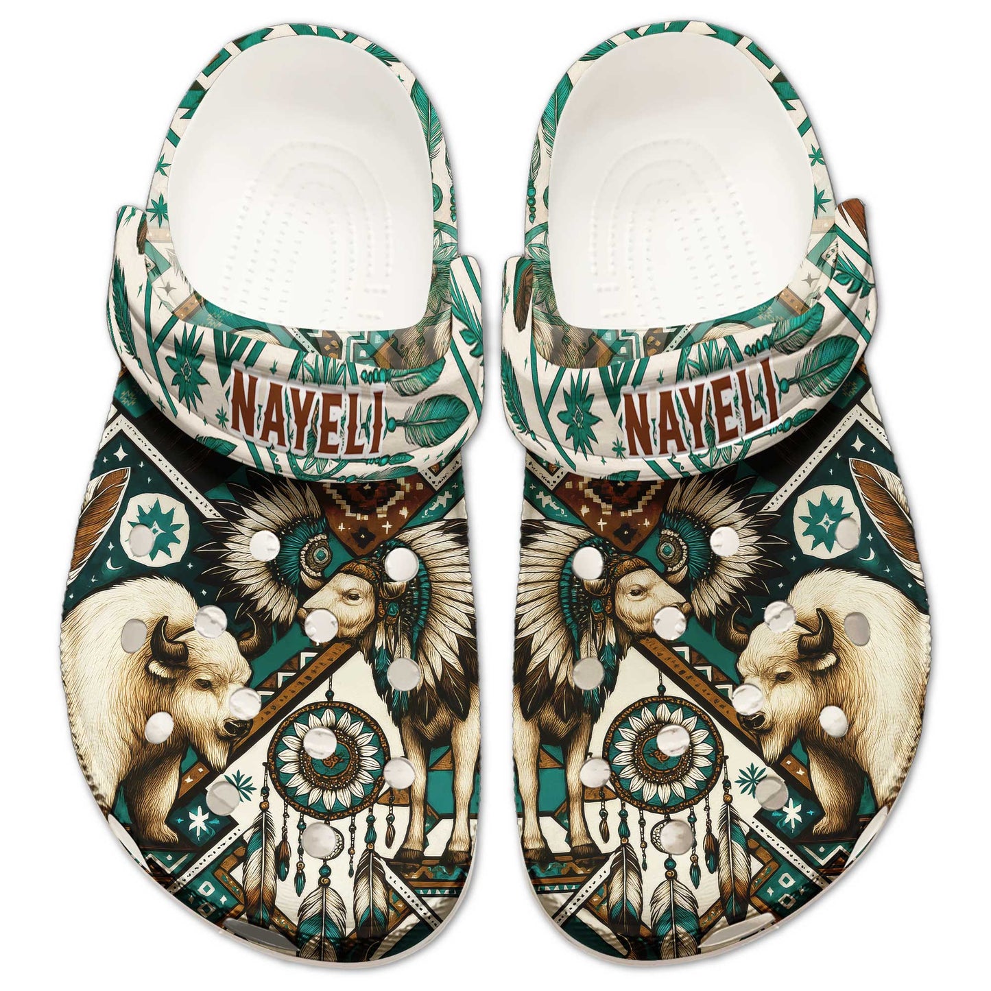 Custom Name Native Buffalo Spirit Clogs – Dreamcatcher & Tribal Feathers Design