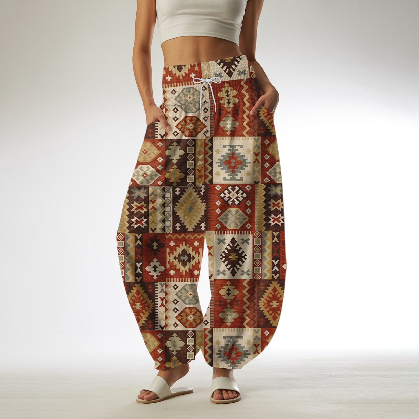 Boho Harem Pants – Beige with Tribal Aztec Print 01