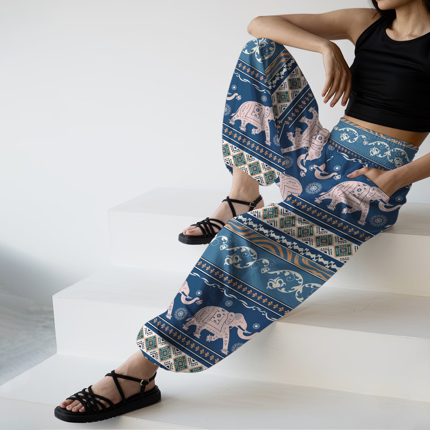 Teal Elephant Harem Pants – Yoga Boho Clothes with Pockets 08
