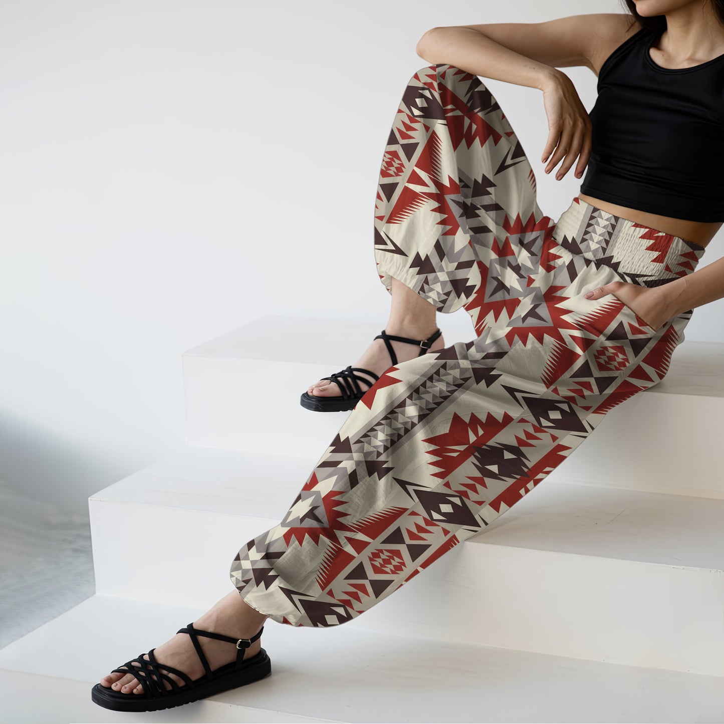 Boho Harem Pants – Red Geometric Tribal Pattern