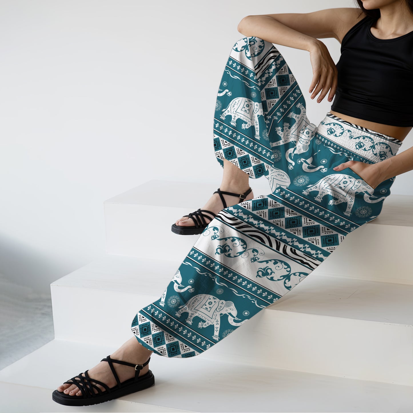 Teal Elephant Harem Pants – Yoga Boho Clothes with Pockets 08