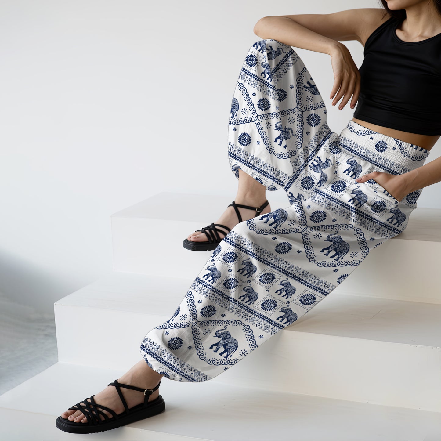 Boho Elephant Print Harem Pants – Boho Yoga Pants with Pockets 04