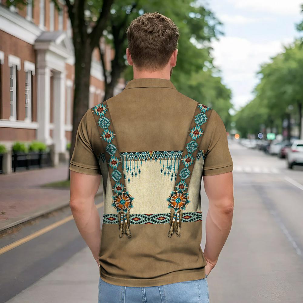 Native American Polo Shirt - Tribal Beaded Headdress – Turquoise & Feather Pattern