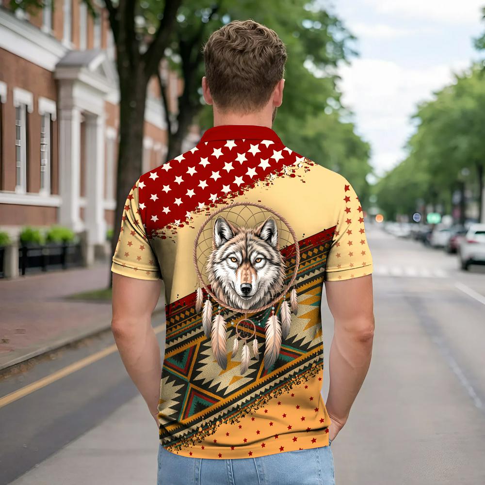 Native American Polo Shirt - Wolf and Dreamcatcher Design in Beige and Deep Red Tribal Pattern