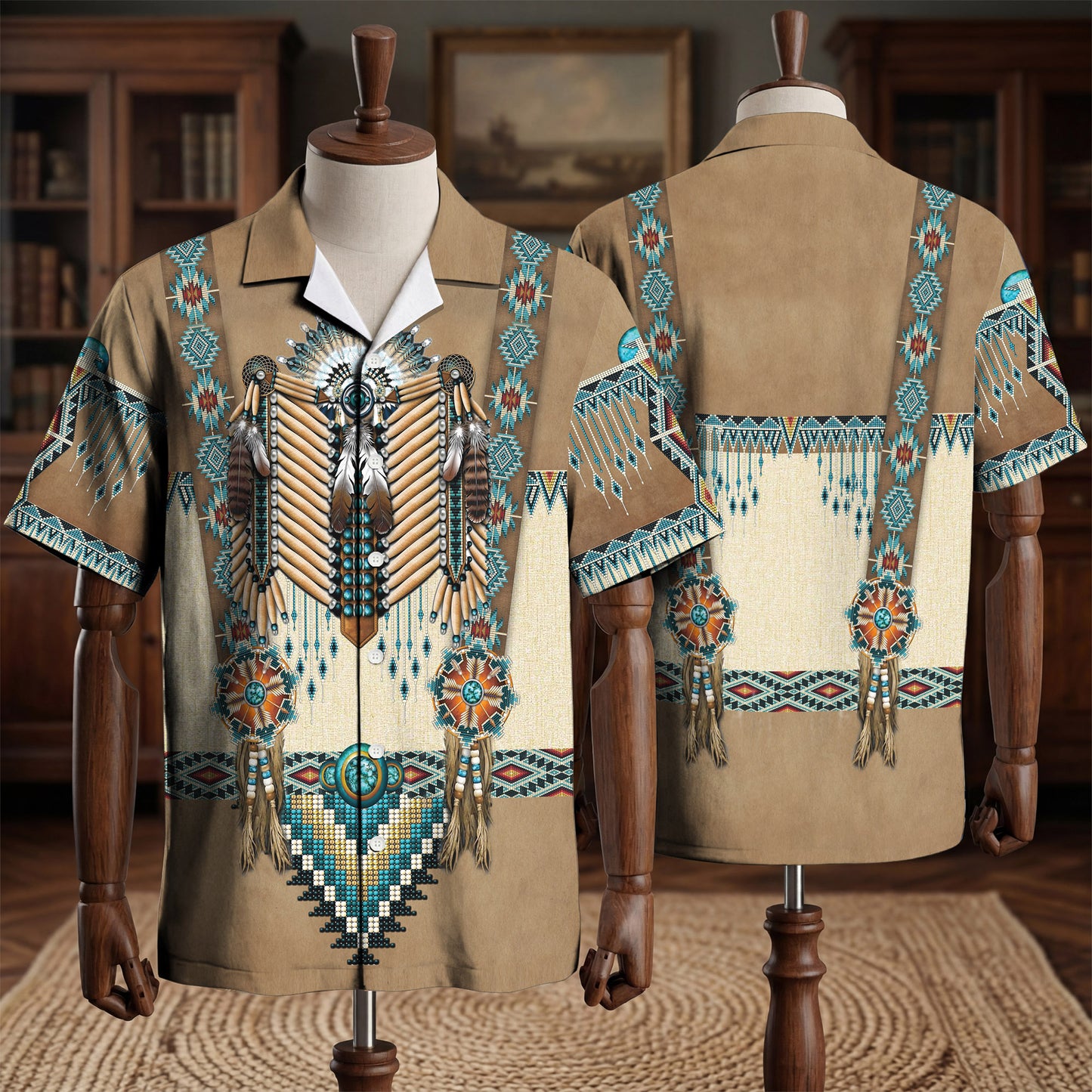 Turiquoise Native Indian Pattern Feather Hawaiian Shirt WCS